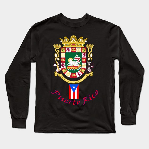 Coat of Arms for Puerto Rico- Red Lettering Long Sleeve T-Shirt by Mr.Guru 305 